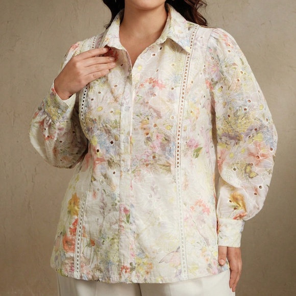 Plus Floral Print Eyelet Button Down Shirt - Picture 4 of 6